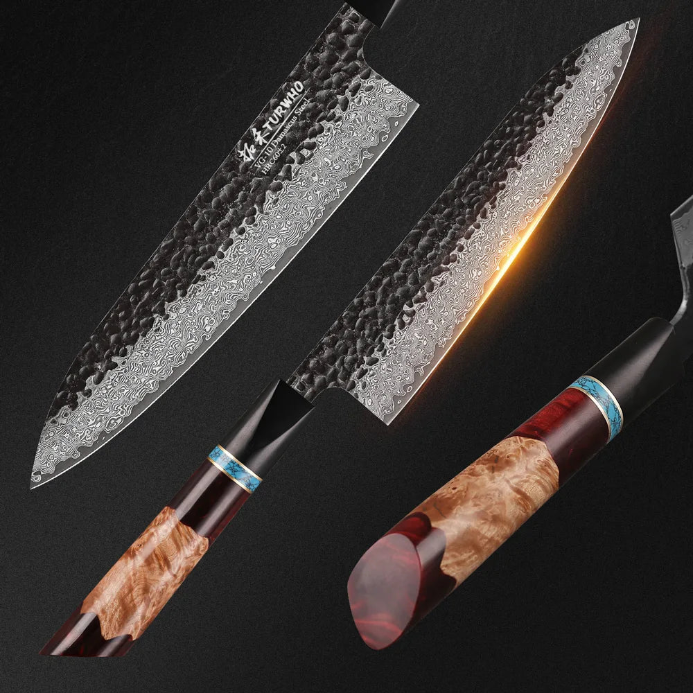 TURWHO Hand Forged Kitchen Knives Damascus Steel VG10 Chef Knife Japanese Kiritsuke Nakiri Utility Slicing Salmon Sashimi Knife