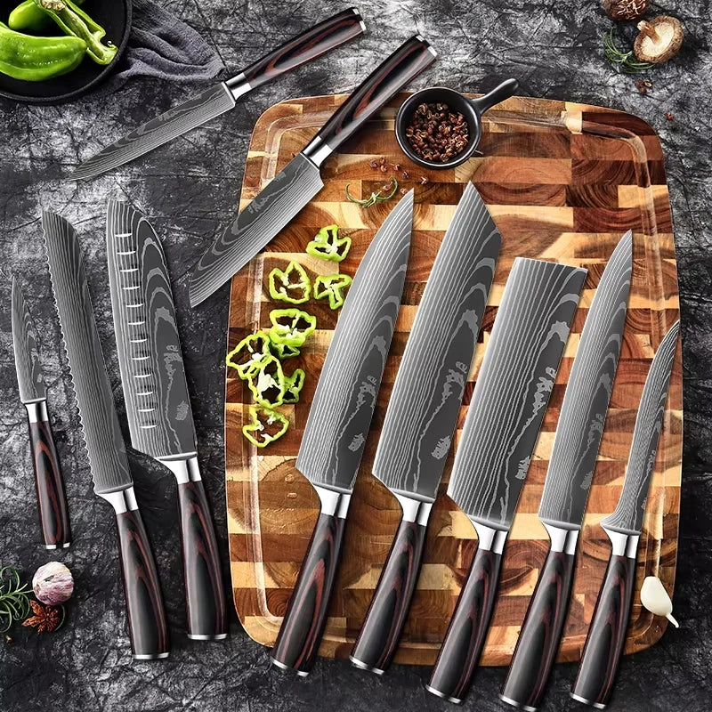 WOknives™ 1-10 Pcs Laser Damascus Kitchen Knife Set – Ultra-Sharp Japanese Chef, Santoku & Cleaver Set
