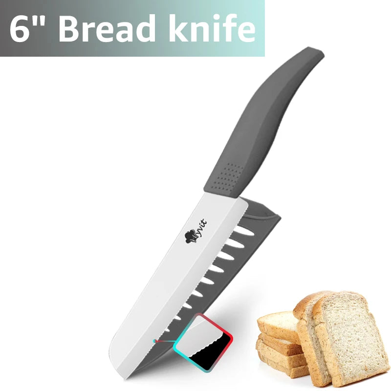 Ceramic Knife 3 4 5 inch + 6 inch Kitchen Knives Serrated Bread White Blade Fruit Chef Knife Vege Cook Tool