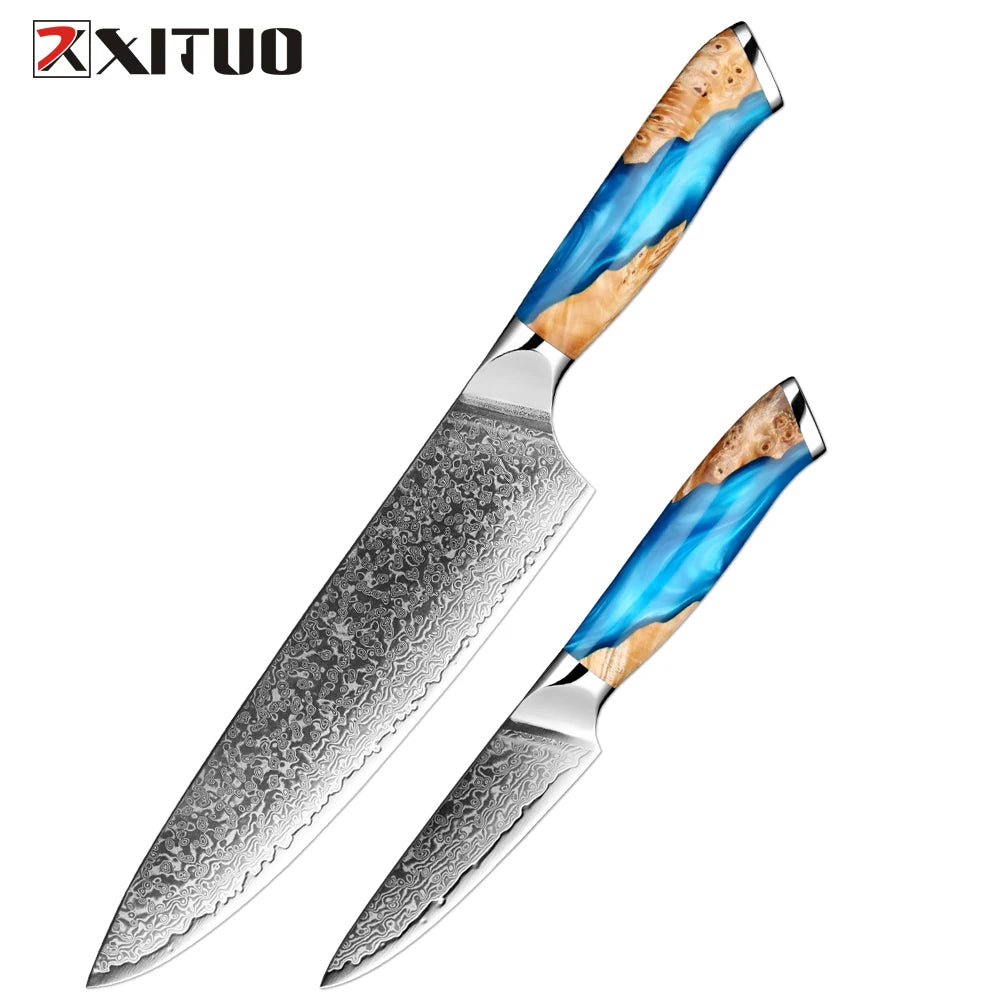 XITUO Damascus Kitchen Knife Set HighQuality 1-7PC Japanese VG10 Steel Chef Knife Cleaver Santoku Boning Fruit Knife Blue Resin