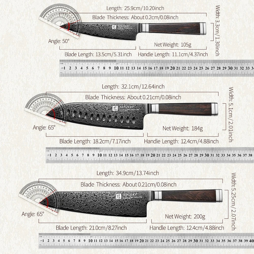 WOKNIVES™ Premium 3-Piece Damascus Steel Knife Set – 12Cr18MoV Core Utility, Santoku & Bunka Kitchen Knife Collection