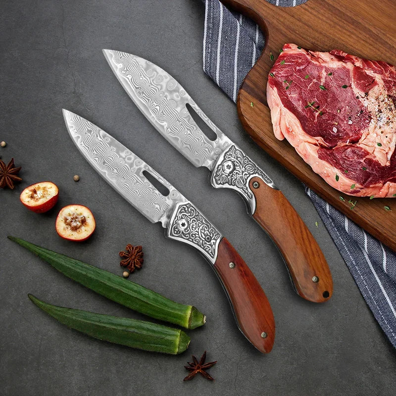 Damascus Knives Folding Knife Cleaver Meat Vegetable Slicing Fish Kitchen Knives Chef Cooking Meat Butcher Boning Folding Knives