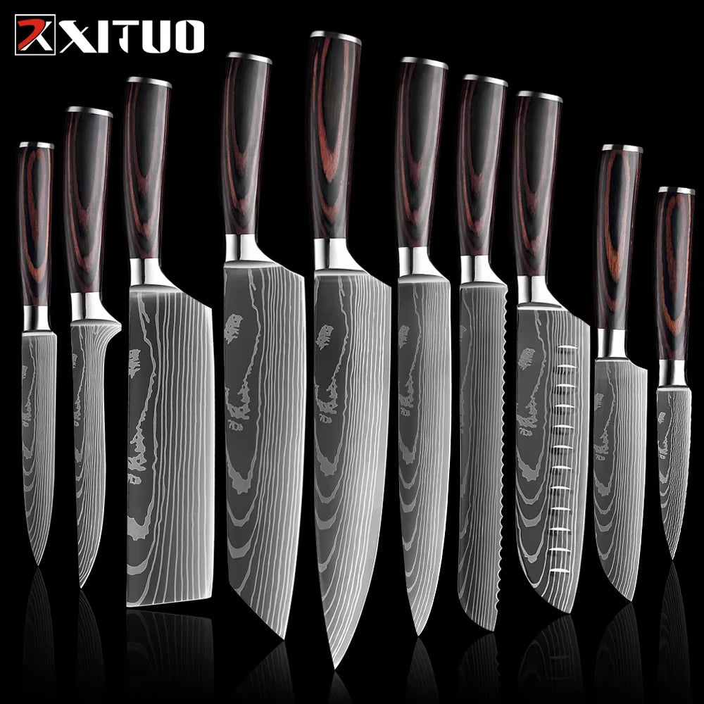 WOknives™ 1-10 Pcs Laser Damascus Kitchen Knife Set – Ultra-Sharp Japanese Chef, Santoku & Cleaver Set
