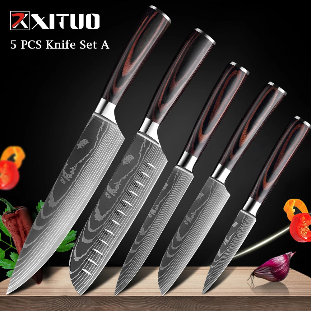 WOknives™ 1-10 Pcs Laser Damascus Kitchen Knife Set – Ultra-Sharp Japanese Chef, Santoku & Cleaver Set