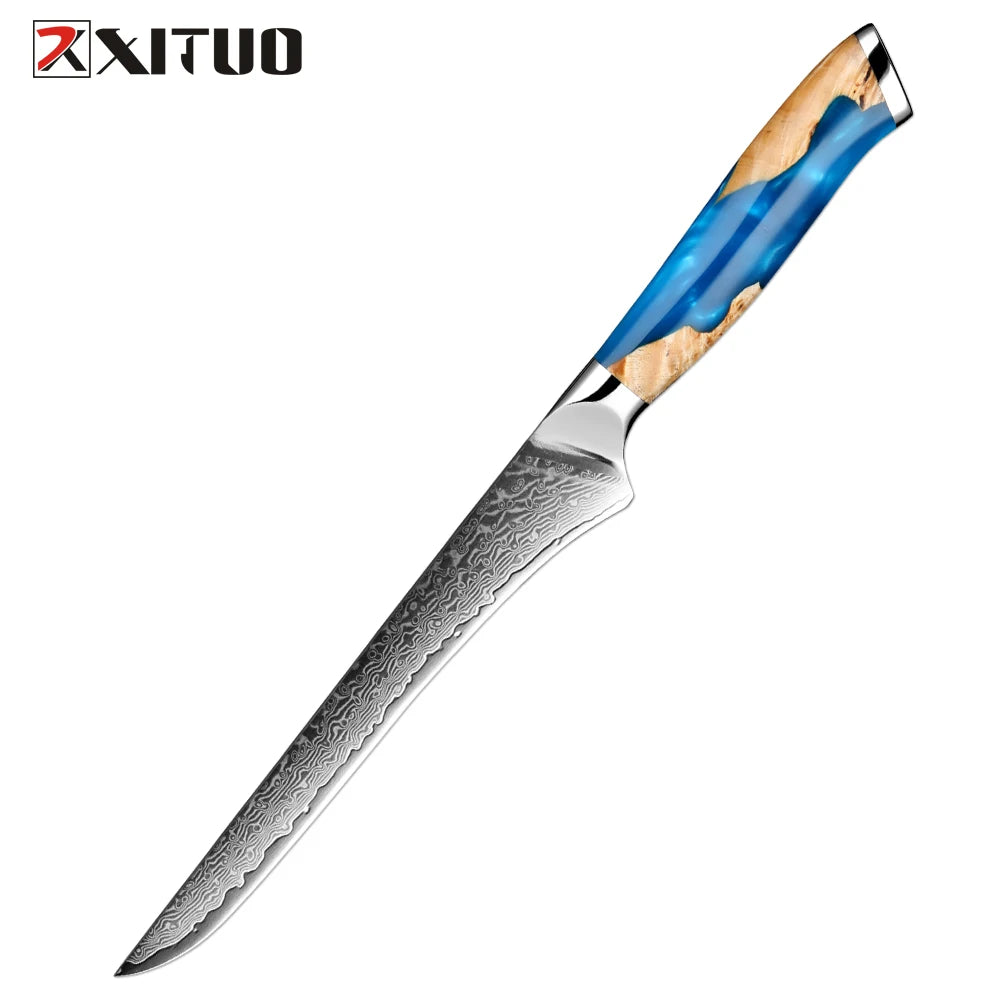 XITUO Damascus Kitchen Knife Set HighQuality 1-7PC Japanese VG10 Steel Chef Knife Cleaver Santoku Boning Fruit Knife Blue Resin
