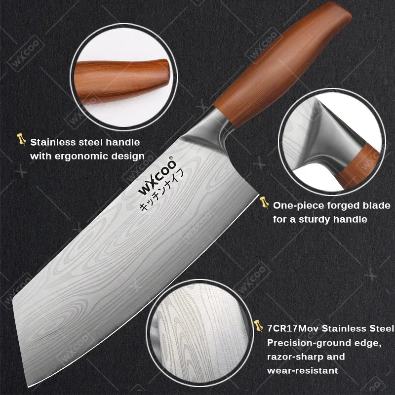Woknives™ Stainless Steel Chef Knife Set with Laser Damascus Pattern & Knife Holder