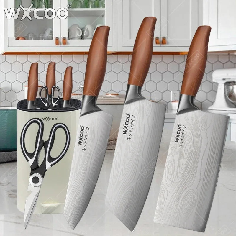 Woknives™ Stainless Steel Chef Knife Set with Laser Damascus Pattern & Knife Holder