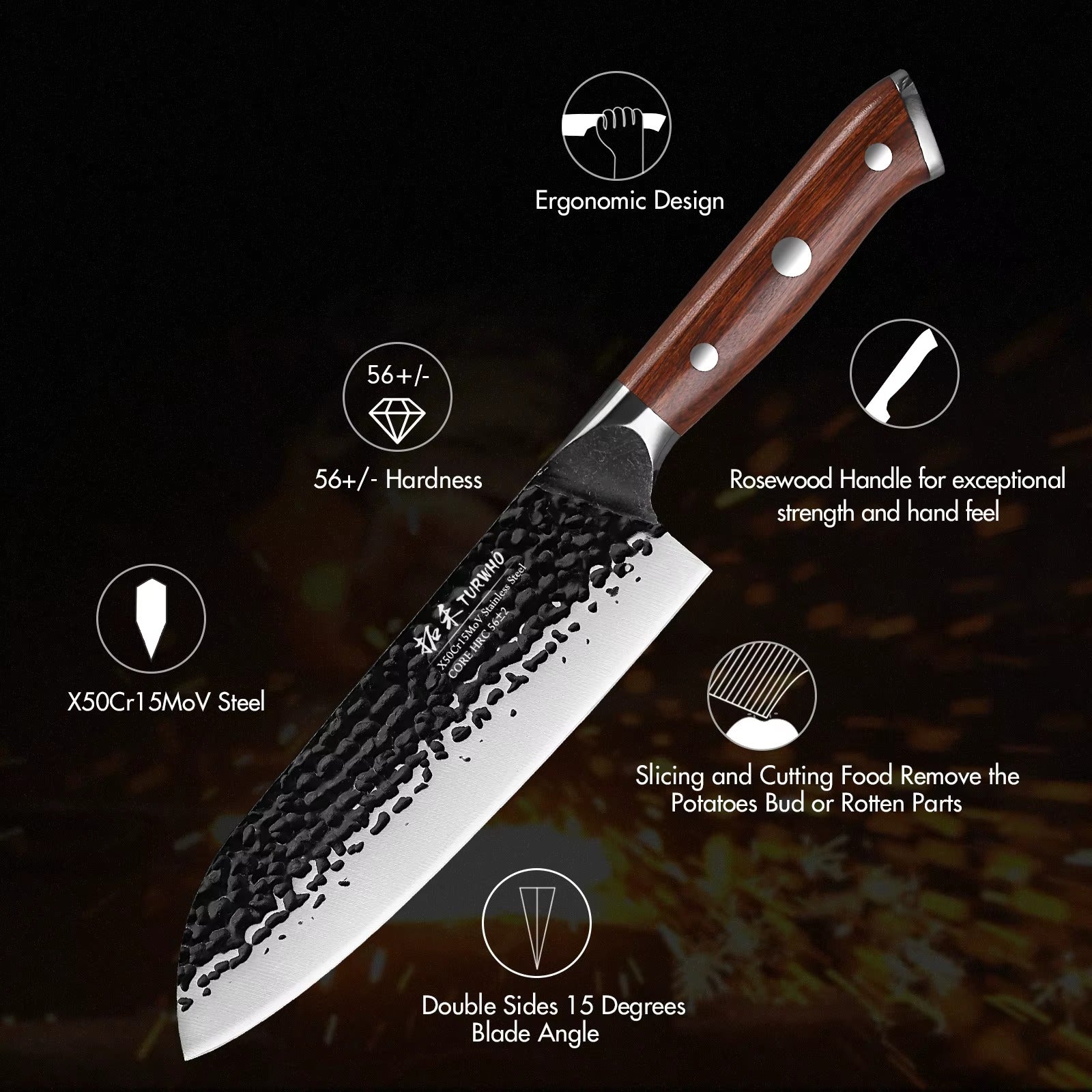 woknives™ 7-inch Professional Santoku Knife - High-Carbon X50Cr15MoV Steel - Ergonomic Rosewood Handle