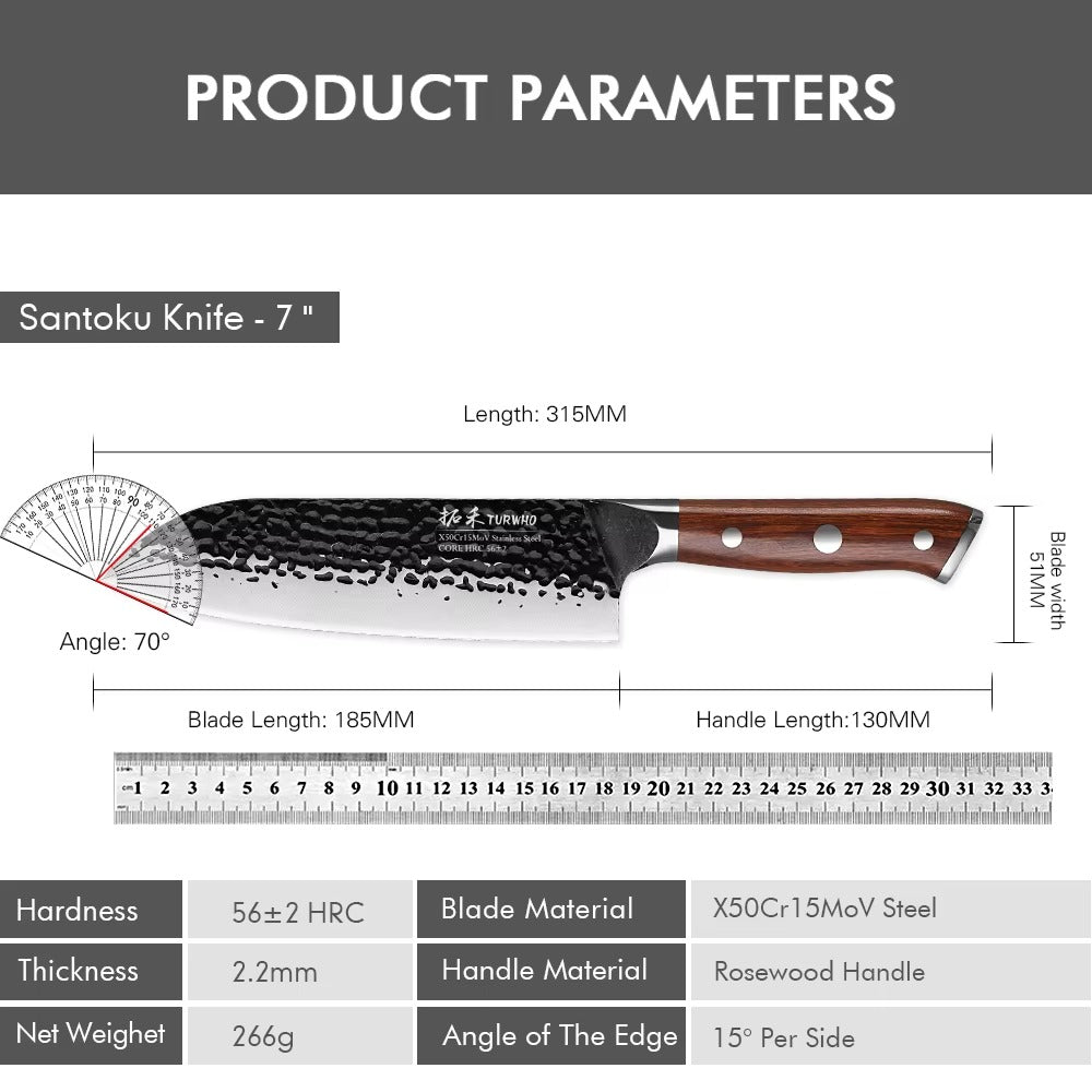woknives™ 7-inch Professional Santoku Knife - High-Carbon X50Cr15MoV Steel - Ergonomic Rosewood Handle