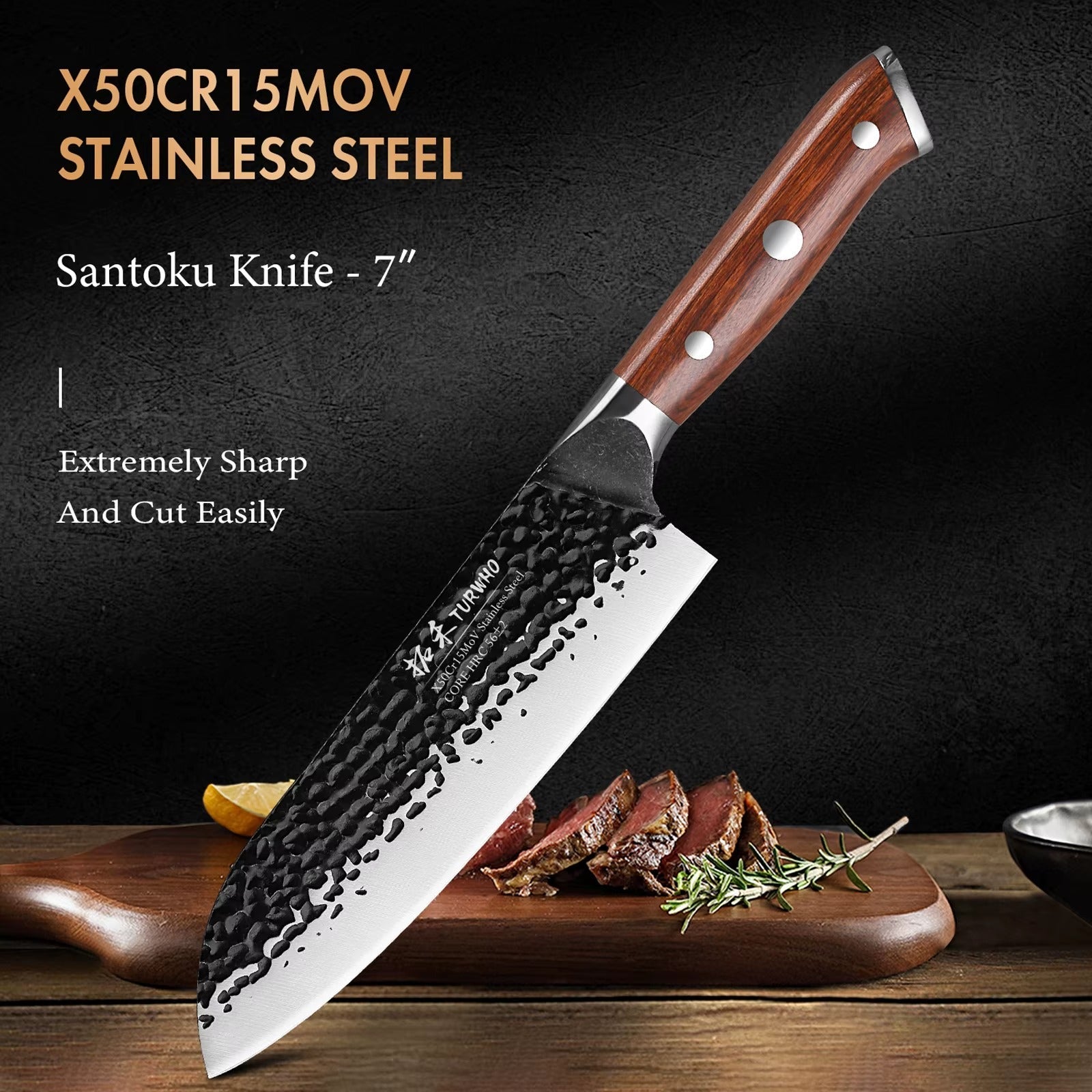 woknives™ 7-inch Professional Santoku Knife - High-Carbon X50Cr15MoV Steel - Ergonomic Rosewood Handle