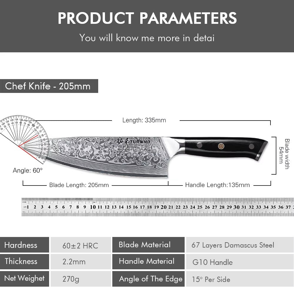 woknives™ 8-inch Professional Chef's Knife - 67-Layer Damascus Steel - VG10 Core - Durable G10 Black Handle